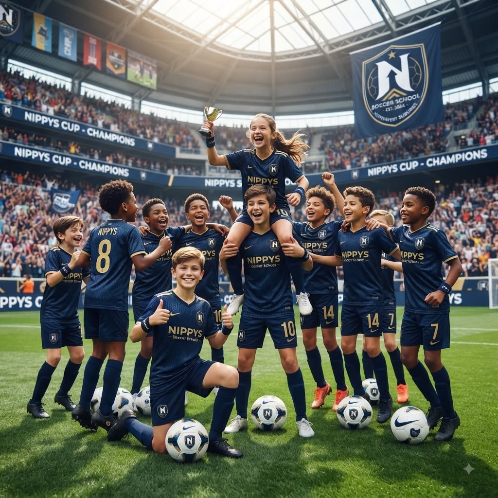 NIPPYS Soccer School players celebrating with a trophy in a stadium